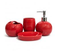 Lot de 4 Accessoires de Salle Bain Rouges en céramique Moderne Comprenant Un Distributeur Savon, Un Porte-Brosse à Dents, gobelet et Porte-Savon pour la Maison et l'appartement, ensembl