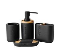 Lot de 4 accessoires de salle de bain en bambou avec distributeur de savon décoratif en bois et bambou, porte-savon, porte-brosse à dents, décoration d'intérieur (noir)