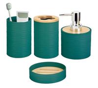 Lot de 4 accessoires de salle de bain en bambou avec distributeur de savon et porte-brosse à dents, porte-savon et gobelet à brosse à dents, décoration de salle de bain bohème (vert émeraude)