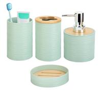 Lot de 4 accessoires de salle de bain en bambou avec distributeur de savon et porte-brosse à dents, porte-savon et gobelet à brosse à dents, décoration de salle de bain bohème (vert sauge)