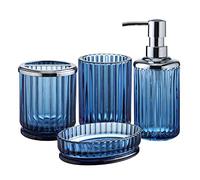 Lot de 4 Accessoires de Salle de Bain en Verre Bleu avec Motif décoratif pressé - Comprend Un Distributeur de Savon pour Les Mains, Un gobelet, Un Porte-Savon et Un Porte-Brosse à Dents (Bleu Cobalt)