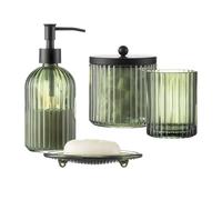 Lot de 4 accessoires de salle de bain en verre épais avec motif décoratif pressé - Comprend un distributeur de savon pour les mains, un gobelet, un porte-savon et un porte-brosse à dents (vert olive)