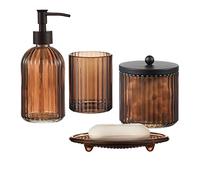 Lot de 4 Accessoires de Salle de Bain en Verre épais avec Motif décoratif pressé - Comprend Un Distributeur de Savon pour Les Mains, Un gobelet, Un Porte-Savon et Un Porte-Brosse à Dents (Marron)