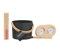 Lot de 4 accessoires de sauna noir avec aluminium et bois de pin, seau de 7 l, louche, thermomètre, hygromètre, sablier pour intérieur, infusion de sauna, bien-être, relaxation, spa