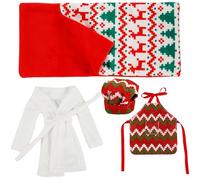 Lot de 4 Accessoires Elfe de Noël, Comprenant Un Peignoir de Poupée Elfe Une Toque Un Tablier Un Sac de Couchage des Décorations de Noël pour Maison de Poupée
