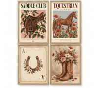 Lot de 4 Affiches Équestres A4 Vintage - Cheval, Selle, Fer à Cheval & Bottes Western Fleuries - Décoration Murale Équitation Country - Sans Cadre