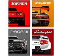 Lot de 4 affiches modernes de voitures classiques - Supercar - Ferrari Lamborghini McLaren Pagani - Décoration murale - Voiture de sport - 20,3 x 25,4 cm - Sans cadre