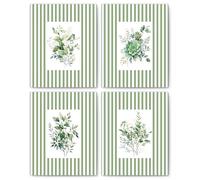 Lot de 4 affiches murales botaniques sans encadrement à rayures vert sauge et blanches, fleurs succulentes, plantes et plantes - Décoration d'intérieur - Feuilles naturelles fraîches et oiseaux