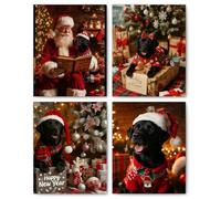 Lot de 4 affiches murales de Noël sans cadre Labrador Retriever noir, laboratoire noir, décoration de Noël, vacances d'hiver amusantes, chien Père Noël, œuvre d'art pour décoration murale pour chambre