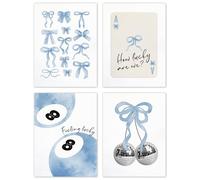 Lot de 4 affiches murales sans cadre avec nœud coquette bleu - Décoration murale rétro pour chambre à coucher - Motif carte à jouer disco rétro - 20,3 x 25,4 cm