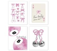 Lot de 4 affiches murales sans cadre avec nœud coquette rose - Décoration murale rétro pour chambre à coucher - Motif carte à jouer disco rétro - 20,3 x 25,4 cm