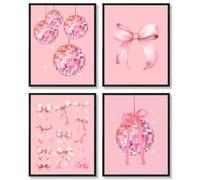 Lot de 4 affiches murales sans encadrement avec nœud rose et boule disco pour adolescente, chambre à coucher, dortoir, 20,3 x 25,4 cm