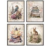 Lot de 4 affiches murales vintage sans cadre pour coin de lecture, oiseaux, escargot, papillon, lapin, livres pour bibliothèque, salle de lecture, 20,3 x 25,4 cm
