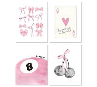 Lot de 4 Affiches Pour DéCoration de Dortoir Preppy,Décoration Murale de Chambre à Coucher, Noeud Rose ,8 Boules Disco Cerises,Affiches Pour Chambre à Coucher, Dortoir, Collage (Rose avec Encadrée)