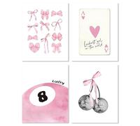 Lot de 4 Affiches Pour DéCoration de Dortoir Preppy,Décoration Murale de Chambre à Coucher, Noeud Rose ,8 Boules Disco Cerises,Affiches Pour Chambre à Coucher, Dortoir, Collage (Rose Sans Cadre)