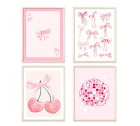 Lot de 4 affiches sans cadre Coquette tendance - Art mural - Nœud rose cerise - Boule disco - Impression sur toile - Décoration de chambre à coucher - Esthétique pour chambre de fille - Dortoir