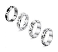 Lot de 4 anneaux rotatifs pour femme en acier inoxydable avec motif lune, étoile et sable - Pour soulager le stress - Pour un mariage, Acier inoxydable,