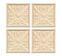 Lot de 4 appliques décoratives en bois sculpté en forme de fleur - 9,9 x 9,9 cm - En bois massif non peint - Pour meubles, armoire, porte, centre de lit, miroir, commode, armoire - Décoration