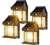 Lot de 4 appliques murales solaires d'extérieur en tungstène sans fil avec détecteur de mouvement IP65, éclairage de sécurité solaire extérieur pour terrasse, cour (4 pièces, noir)