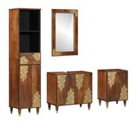 Lot de 4 armoires de salle de bain en bois de manguier massif Marron miel | Bois de manguier massif, détails sérigraphiés dorés, boutons en laiton, montage mural, miroir inclus, rangement polyvalent