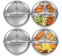 Lot De 4 Assiettes À Dîner En Acier Inoxydable Plateau De Contrôle Des Portions Avec 3 Compartiments Plateau Alimentaire Divisé Pour École, Maternelle (4 pièces)
