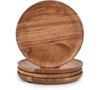 Lot de 4 assiettes rondes en bois du2019acacia faciles à neter et légères - Pour plats collations desserts (18 x 18 x 2 CORBEILLE