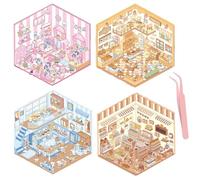 Lot de 4 Autocollants 3D Scène, Kit de Bricolage DIY Cozy Little Home Scene Stickers Book Avec Pincette