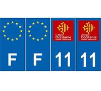 Lot de 4 Autocollants Bleu 11 AUDE Occitanie - F Europe Nouvelles régions immatriculation Auto Sticker - Droits