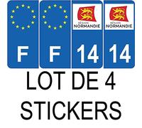 Lot de 4 Autocollants Bleu 14 Calvados Normandie - F Europe Nouvelles régions immatriculation Auto Sticker - arrondis