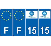 Lot de 4 Autocollants Bleu 15 CANTAL Auvergne-Rhône-Alpes - F Europe Nouvelles régions Plaque immatriculation Voiture Sticker - arrondis