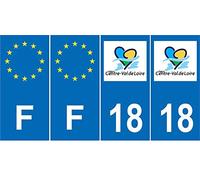 Lot de 4 Autocollants Bleu 18 Cher Centre-Val de Loire - F Europe Nouvelles régions Plaque immatriculation Auto Voiture Sticker - Droits