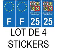 Lot de 4 Autocollants Bleu 25 DOUBS Blason Bourgogne-Franche-Comté - F Europe Nouvelles régions Plaque immatriculation Sticker - arrondis