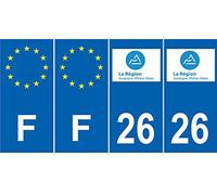 Lot de 4 Autocollants Bleu 26 Drome Auvergne-Rhône-Alpes - F Europe Nouvelles régions Plaque immatriculation Voiture Sticker - Droits