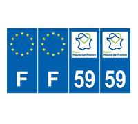 Lot de 4 autocollants bleu 59 NORD Hauts de France - F Europe nouvelles régions immatriculation auto sticker (angles: angles