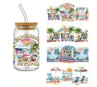 Lot de 4 autocollants de transfert UV DTF sur le thème de la plage d'été, autocollants imperméables pour gobelets en verre, meubles, loisirs créatifs, autocollants de transfert pour bouteille d'eau,