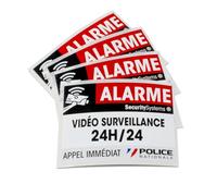 Lot de 4 autocollants dissuasifs - Alarme + Vidéo-surveillance 24h/24-8 x 6 cm Haute qualité, résistance pluie et UV fabrication française (4)