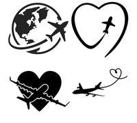 Lot de 4 autocollants imperméables en forme de cœur en forme d'avion pour valise, ordinateur portable, voiture, décalcomanies murales, autocollants pour bagages, cadeaux d'aviation (taille XS, lot de