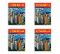 Lot de 4 autocollants laminés : 100 mm - Horizon de Hong Kong rétro résistant aux intempéries en vinyle