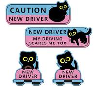 Lot de 4 autocollants magnétiques pour voiture, motif chat noir, nouveau conducteur, panneau de sécurité, mignon chat frissonnant, pour pare-chocs de voiture, dessin animé amusant, attention nerveuse