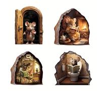 Lot de 4 autocollants muraux 3D en forme de trou de souris, décalcomanies murales amusantes pour plinthe, décoration murale pour couloir, salon, chambre à coucher et chambre d'enfant