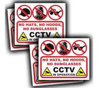 Lot de 4 autocollants « No Hoods No Hoods, No Hats, No Sunglasses » - Avis de code vestimentaire - Avertissement CCTV - 110 mm x 90 mm