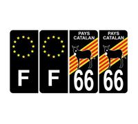 Lot de 4 Autocollants Sticker Plaque d’immatriculation 66 Logo Blason Pays Catalan Logo Ane Noir Logo Couleur & F Europe