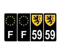 Lot de 4 Autocollants Sticker Plaque d'immatriculation Voiture 59 Blason des Flandres Noir Logo Couleur & F Europe