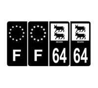 Lot de 4 Autocollants Sticker Plaque d'immatriculation Voiture 64 Béarn Noir & F Europe