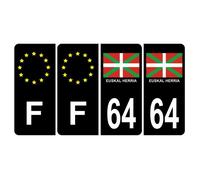 Lot de 4 Autocollants Sticker Plaque d'immatriculation Voiture 64 Euskal Herria Pays Basque Noir Logo Couleur & F Europe