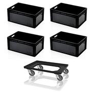 Lot de 4 bacs Euro 60 x 40 x 27 cm Noir + Chariot de transport noir
