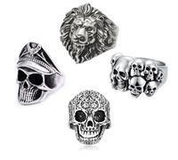 Lot de 4 bagues en acier inoxydable pour homme - Motif tête de mort
