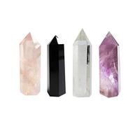 Lot de 4 baguettes en cristal de guérison | Cristal d'améthyste, baguette en cristal de quartz transparent et pointes de cristal de quartz rose, obsidienne noire | Thérapie de méditation Reiki Chakra
