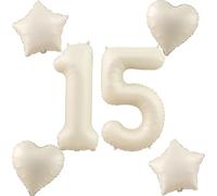 Lot de 4 ballons beiges en forme de chiffre 15 + 4 ballons en aluminium en forme de cœur / étoile 15e anniversaire de fille, 100 cm, décoration d'anniversaire pour garçon, ballon chiffre 15, ballons à