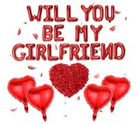Lot de 4 ballons Will You Be My Girlfriend - Ballons en forme de cœur avec pétales de rose artificiels - Décorations romantiques pour fiançailles, Saint-Valentin, anniversaire de mariage